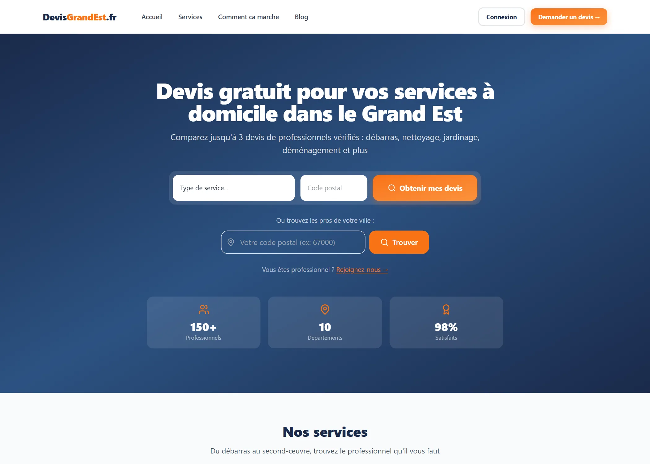 Page d'accueil de Devis Grand Est, mise en relation avec des artisans