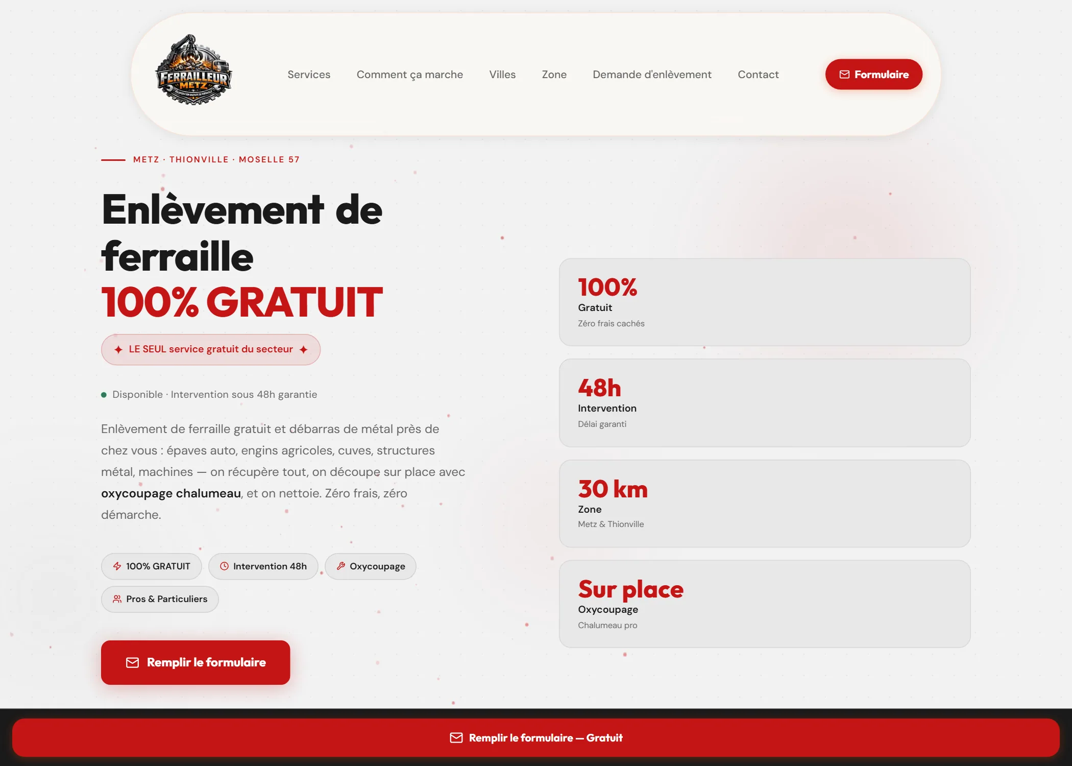 Page d'accueil du site Ferrailleur Metz, rachat et enlèvement de métaux