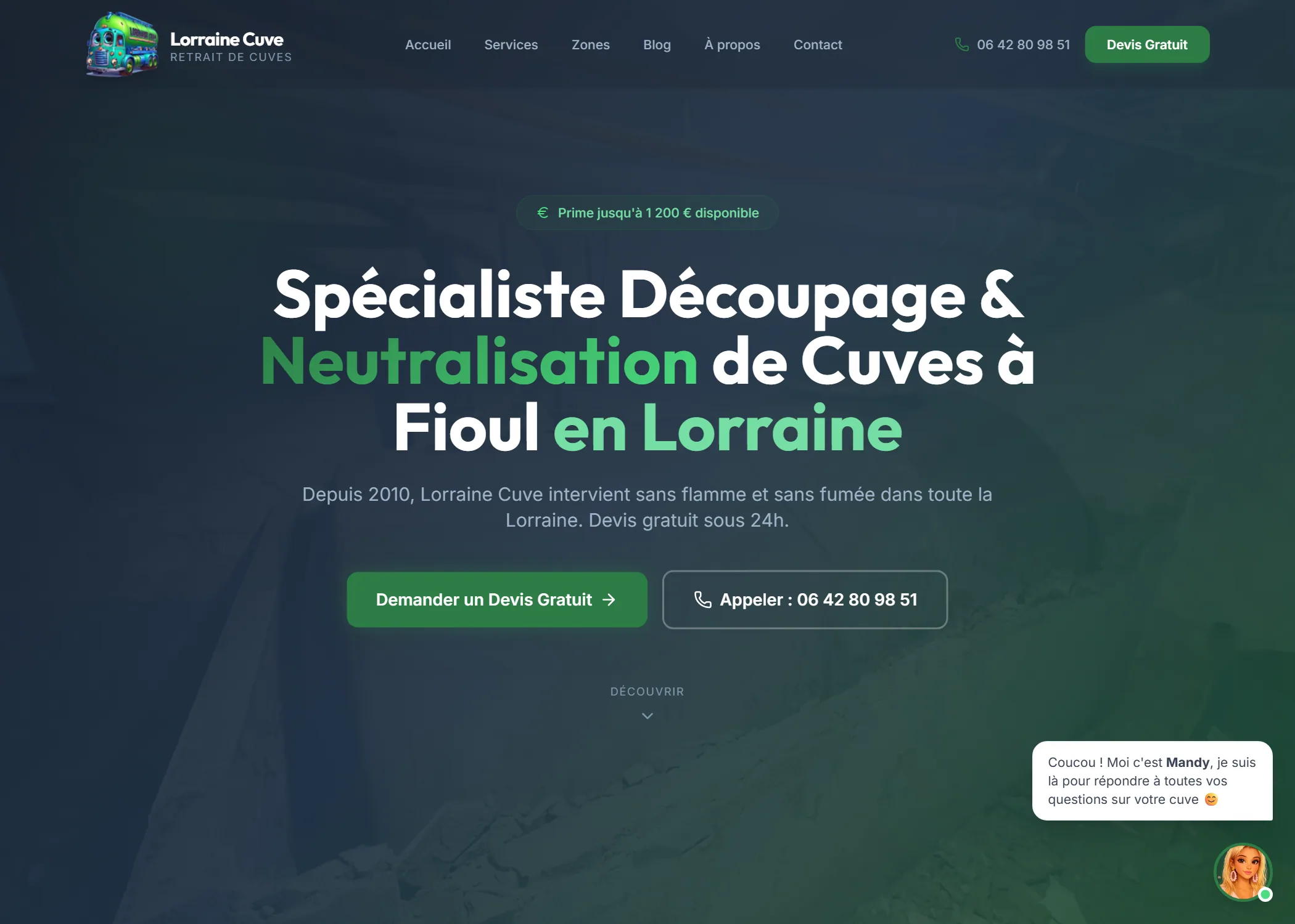 Page d'accueil du site Lorraine Cuve, spécialiste de la vidange de cuve à fioul
